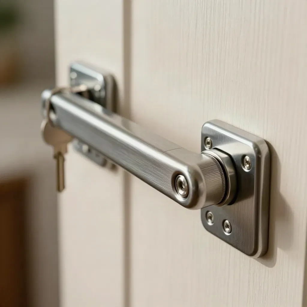 Hospitality lock hardware lined up on pale wood in dramatic studio light