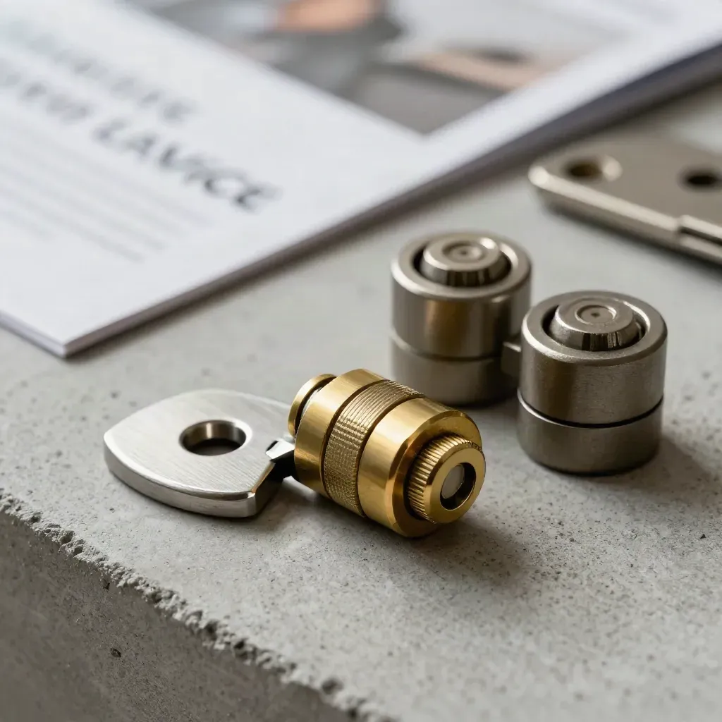 Brass and silver lock hardware clustered on brushed concrete in soft macro light.