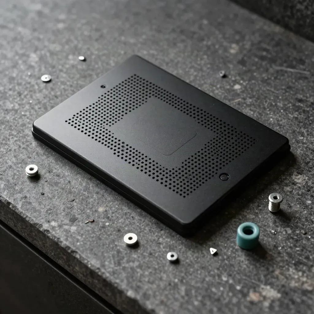 Intercom grille, sensor bezel, screws and wall anchors on charcoal stone with teal accent