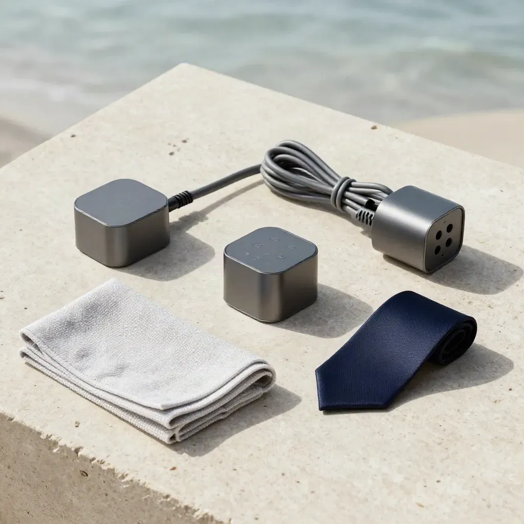 Smart plugs, keypad faceplate, cable bundle and cloth on limestone in a premium flat lay.