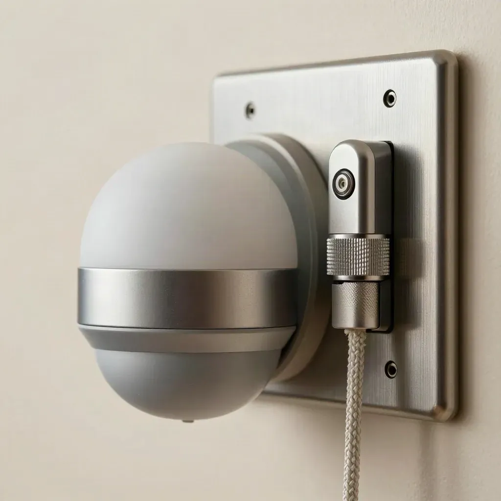 Macro still life of senior-living safety hardware on brushed metal with soft cool light.