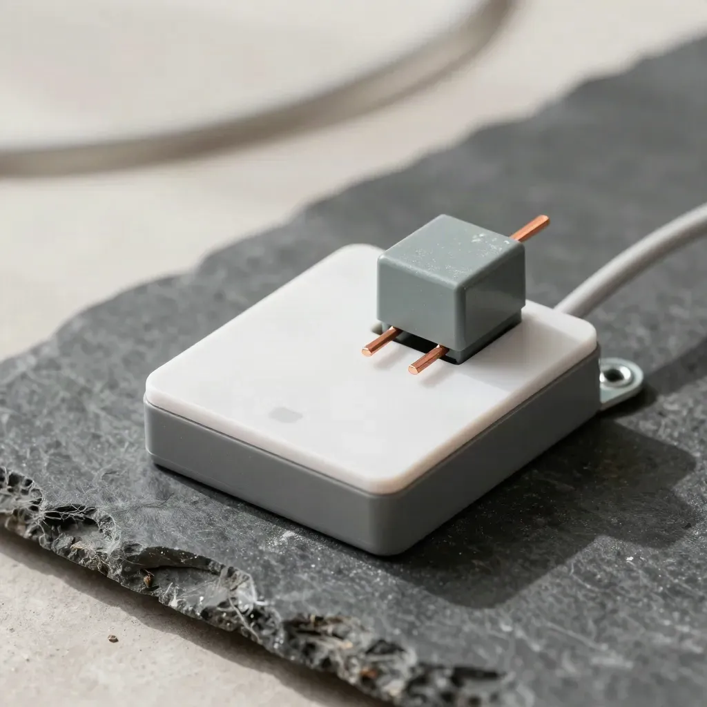 Macro of a smart light dimmer module with relay and screws on a charcoal stone surface.