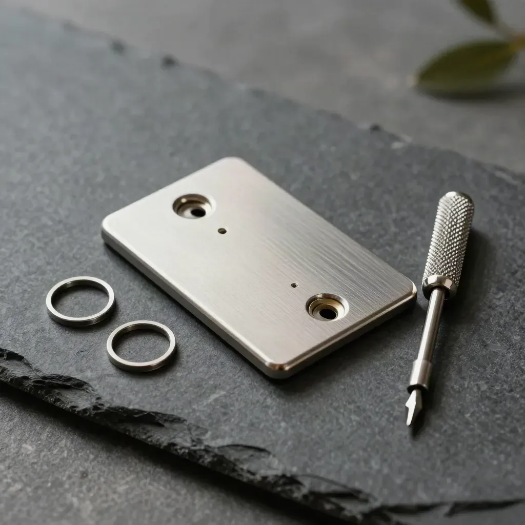 Thermostat backplate with screwdriver and spacer rings on graphite stone