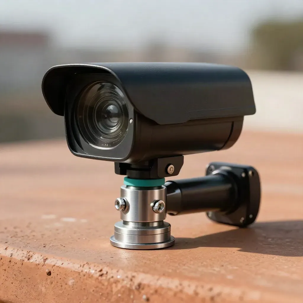 Macro of a matte-black outdoor security camera mount with teal gasket on terracotta clay.
