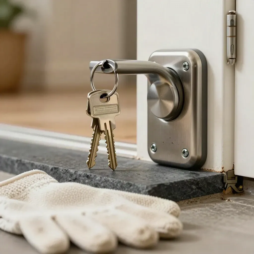 Homeowner entry hardware close-up with keys, lock cylinder, porch-light parts, and blurred microfiber