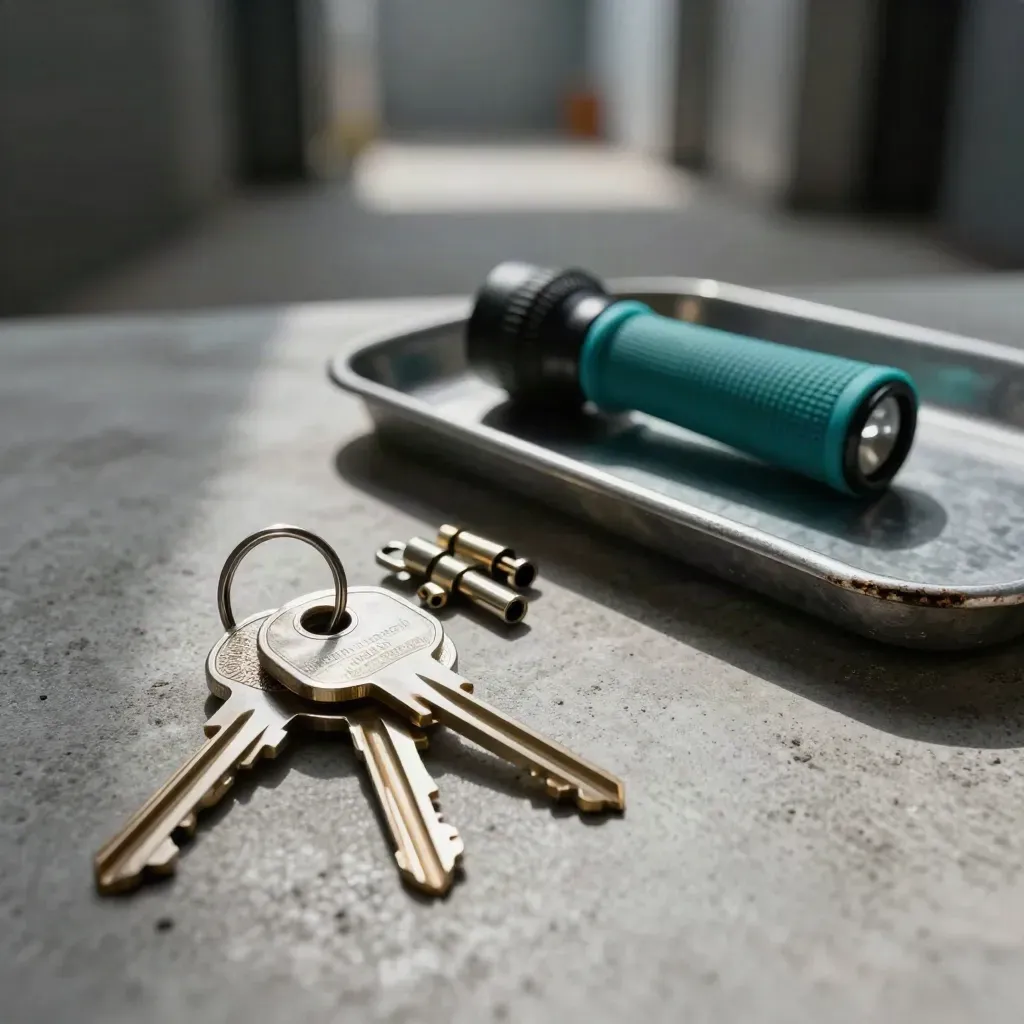 Property manager turnover kit with keys, lock cores, flashlight, and metal tray on concrete.