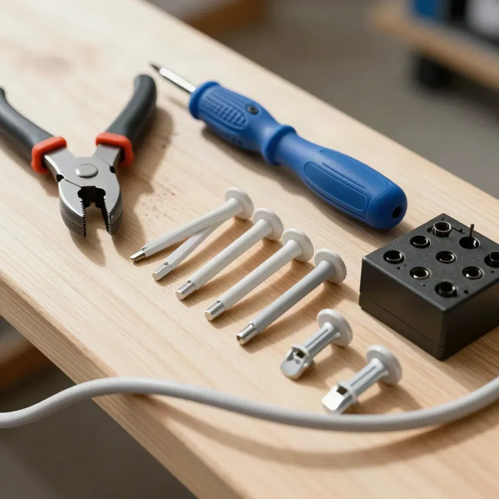 Macro top-down install tools on pale wood with cable, anchors, and relay block