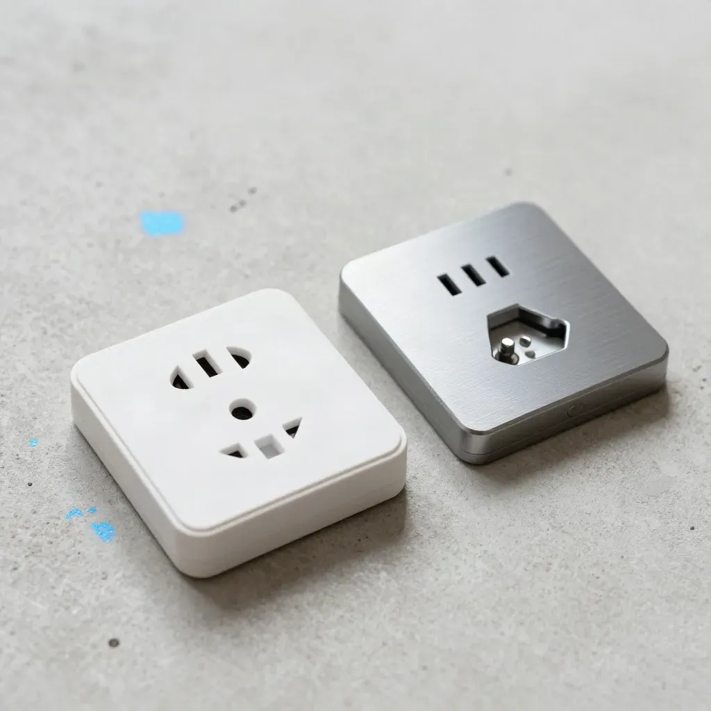 Top-down smart-plug shell, thermostat backplate and screw tray on pale concrete