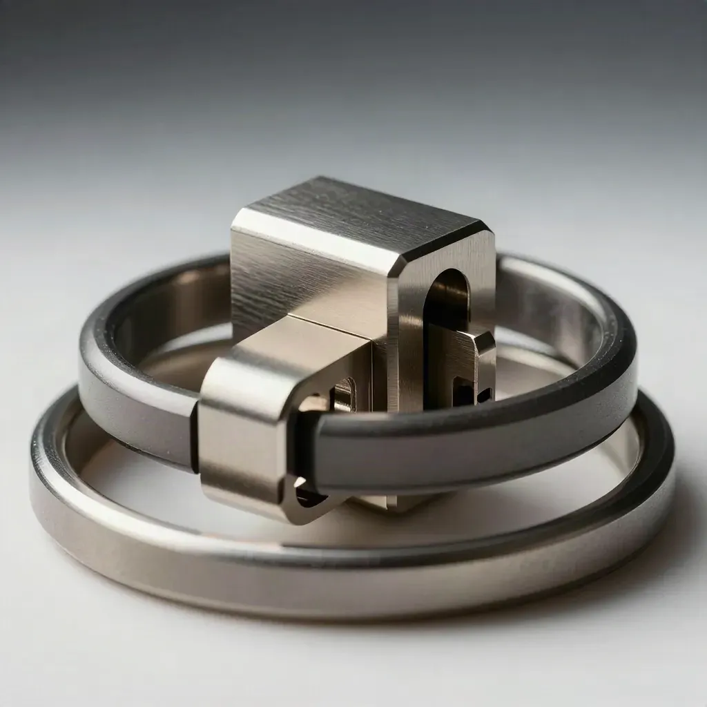 Machined rings and connector block on brushed steel in dramatic studio light.