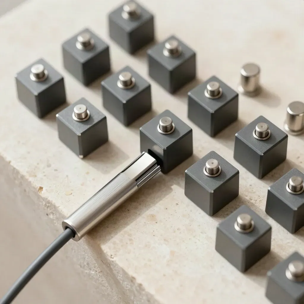 Top-down macro of modular smart-home connectors and alignment pins on pale limestone