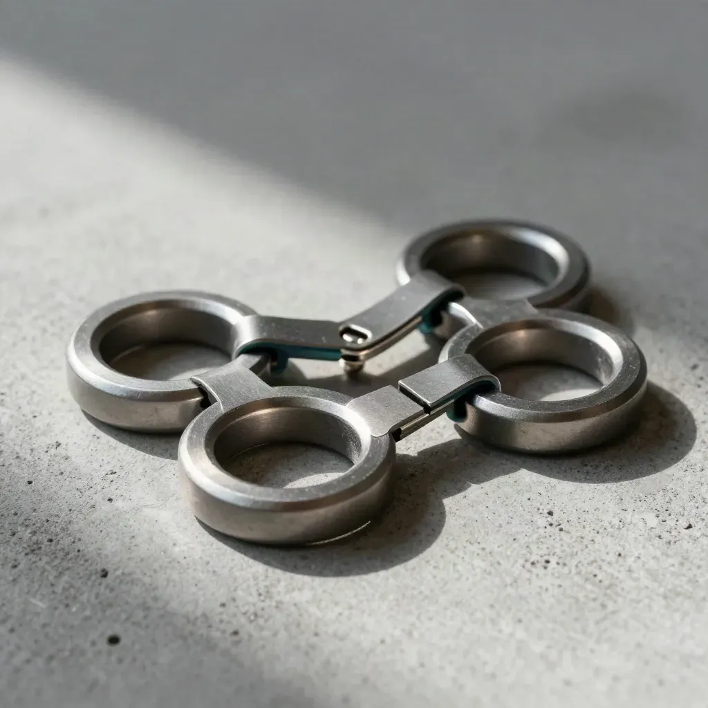 Metal loops, adapter and clips arranged on concrete with soft daylight and teal accent.
