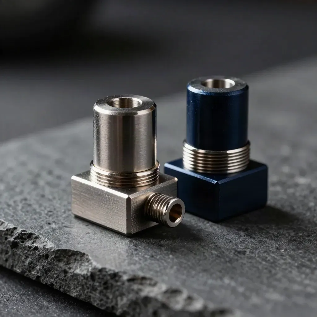 Magnetic couplers, metal blocks, and a threaded connector on dark graphite stone.