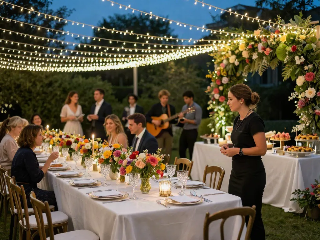 Event rentals for a stunning wedding reception setup with twinkling lights and elegant decor.